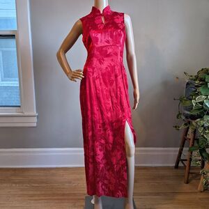 Vintage 90s All That Jazz Cheongsam Qipao Maxi Dress Floral Embossed Size 7/8